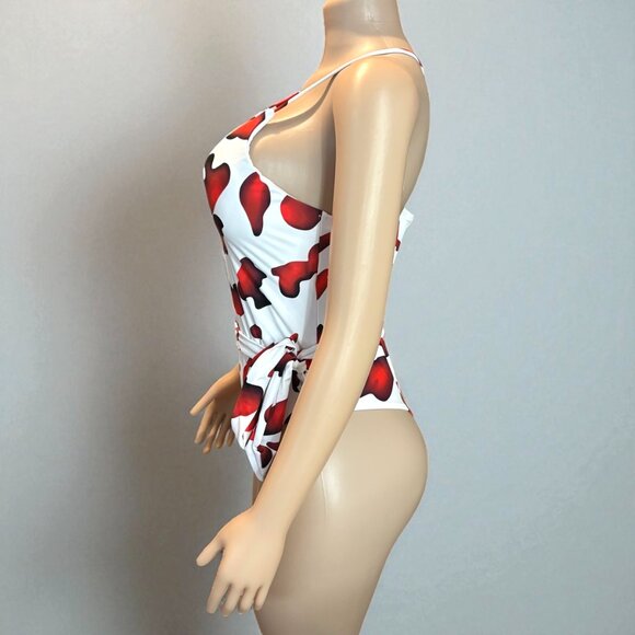 Red and White High Cut Women One-piece With Sash - Picture 2 of 8